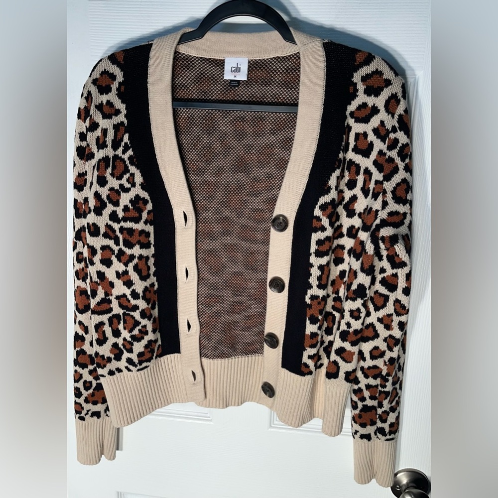 CAbi Leopard Print Cardigan in Cream, Black, and Brown